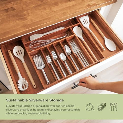 KitchenEdge Silverware & Utensil Organizer | Natural Acacia, 18-33 In - color: Natural Acacia, size: From 18" to 33" Wide