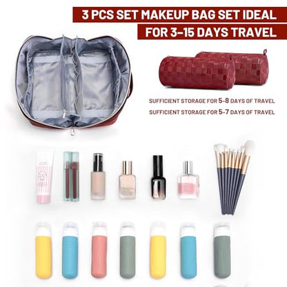 BOYATU Travel Makeup Bag Organizer: 180°Open-Flat 3 Pcs Make up Bags Set - color: 01-F-Red