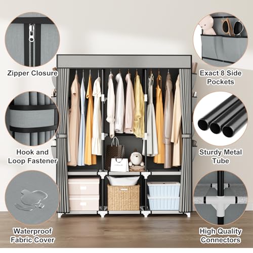 Portable Closet with Cover, 3 Hanging Rods and Side Pocket, Sturdy Free Standing Closet, Grey - color: Grey, size: 3 Row - 49.2'' Wide