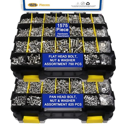 1575 PCS Nuts and Bolts Assortment Kit, Stainless Steel Phillips Pan Head & Flat Head Screws, Assorted Nuts Bolts Washers with Double Sided Organizer Box