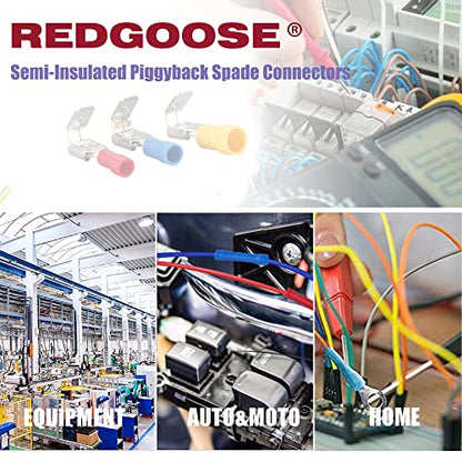 100PCS Semi-Insulated Piggyback Spade Connectors 1/4" 22-10 AWG Female/Male Quick Disconnect Piggyback Spade Crimp Terminals Assortment Kit