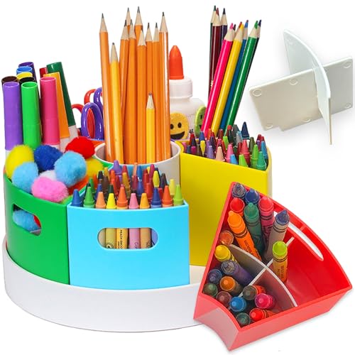 Kids Art Supply Storage Organizer with Dividers – 8.6" Rotating Lazy Susan Caddy for Crayons, Markers & Pencils - color: Rainbow