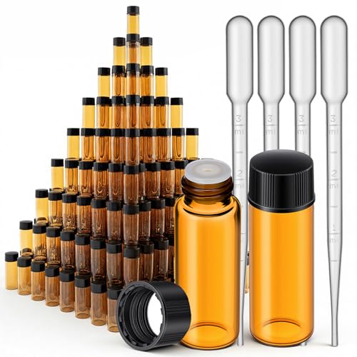 100 Packs 5 ml (1/6 oz) Mini Essential Oil Bottles with Caps, Amber Glass Empty Refillable Travel Glass Liquid Sample Vial Preservation Storage Vials Test Container-Rubber Stopper&Dropper