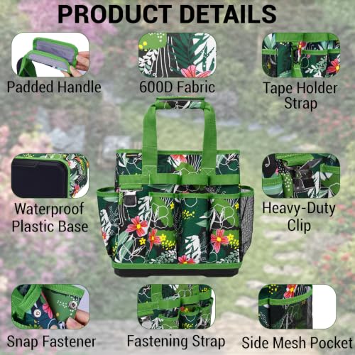 MELOTOUGH 12-Pocket Garden Tool Bag with Hard Bottom, Gardening Tote, Green - color: Green Leaf