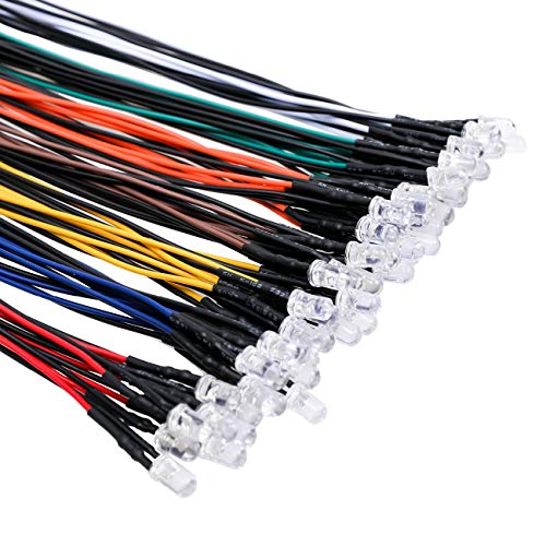 56pcs (7 Colors x 8pcs) 12 Volt LED Lights Emitting Diodes Pre Wired DC 12v 5mm LED Assorted Kit Clear Lens- White Warm-White Red Yellow Green Blue Orange Small LED Lamps - color: [01] 7 Colors X 8 Pcs / 56 Pcs, style: 5mm Solid Light