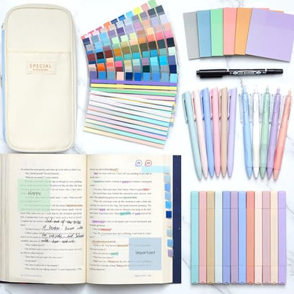 135 Pcs Book Annotation Kit with Pencil Case, 12 Pastel Highlighters, 11 Gel Pens, Fine Marker, 300 Transparent Sticky Notes, 2640 Index Tabs, Bible Study Supplies Kit(Classic,Light Blue) - color: Light Blue, style: Classic