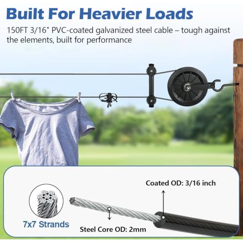 Outdoor Clothesline Kit, Black Clothes Line Pulley Kit Heavy Duty - size: 150FT Black