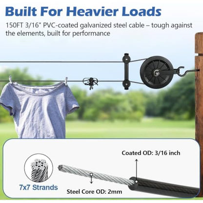 Outdoor Clothesline Kit, Black Clothes Line Pulley Kit Heavy Duty - size: 150FT Black