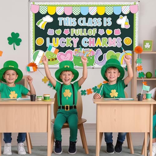 St. Patrick's Day Bulletin Board Decoration Lucky Shamrock Clover Rainbow Gold Coin Irish Clover Cutouts March Classroom Bulletin Board Set for School Chalkboard Wall Door Decoration Favor - style: St. Patrick's Day