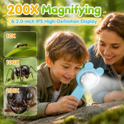 Kids Microscope Autofocus Magnifier STEM Gifts Toys for Ages 4-12 - color: Blue-panda ear