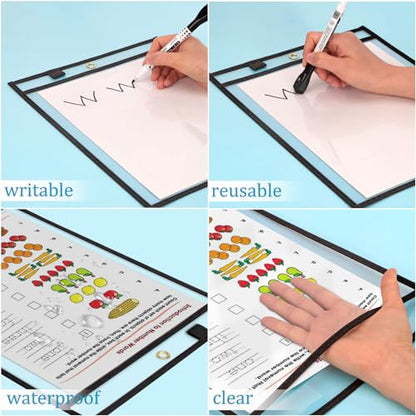Ndsox 30 Packs Dry Erase Pockets Reusable Oversized Plastic Sleeves Clear Job Ticket Holders Heavy Duty Transparent Hanging Document Protectors for Classroom School Office Work Warehouse, Black