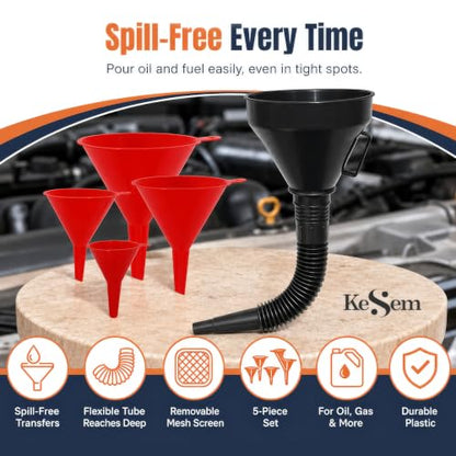 5 Pc Automotive Funnel Set, 4 Plastic Oil Funnels & Large Flexible Fuel Funnel with Hose, Car Oil Change Funnel Kit for Gas, Transmission Fluid, Coolant, Engine Oil, Fuel Transfer & Garage Use