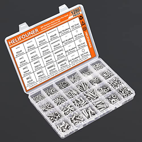HELIFOUNER 1280 Pieces M2 M3 M4 M5 Phillips Pan Head Machine Screws, Flat Washers and Nuts Assortment Kit, 304 Stainless Steel - size: M2 M3 M4 M5