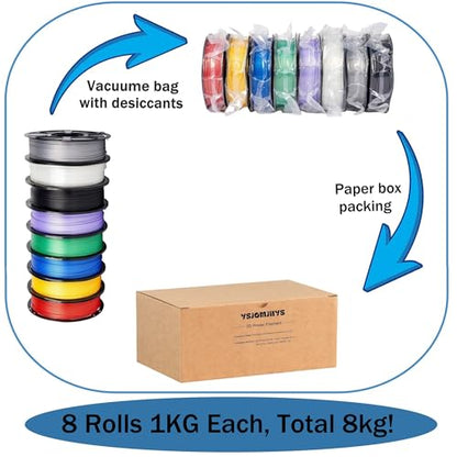 Silk PLA Filament 1.75mm Bundle 8x1KG, 3D Printer Filament Pack - color: Silk Gold+red+purple+blue+green+black+white+silver