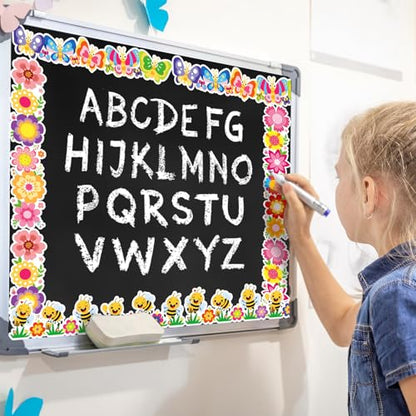 FYSUIMU 59.1 Ft Cartoon Flower Bulletin Board Borders Floral Bee Butterfly Trim Borders Springtime Classroom Scalloped Bulletin Board Decor for Back to School Spring Home Party Chalkboard Wall Decor - style: Cartoon Flower