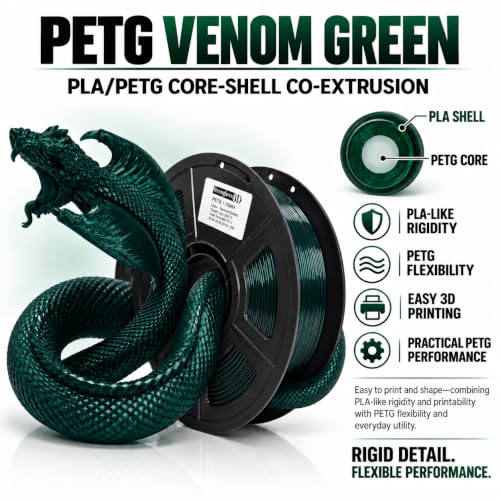 PETG Filament 1.75mm, Venom Green, Co-Extruded Core-Shell 3D Printer Filament, Green PETG Core with Black PLA Coating,for FDM 3D Printing, 1kg Spool - color: Petg Venom Green