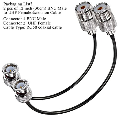 TUOLNK 2PCS BNC Male to SO239 RG58 Coaxial Cable UHF Female Jack Extension Cable, PL259 Female to BNC Pigtail for CB Radio, GPS Antenna 12inch (30cm) - size: 0.98ft-2pcs