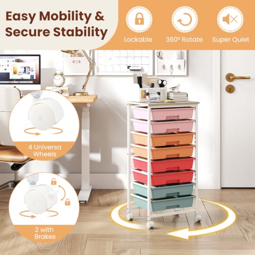 Giantex 8 Drawers Rolling Cart with Wheels, Wood Top, Sturdy Frame - color: Macaron, size: 8 Drawer-15"x11"x30"