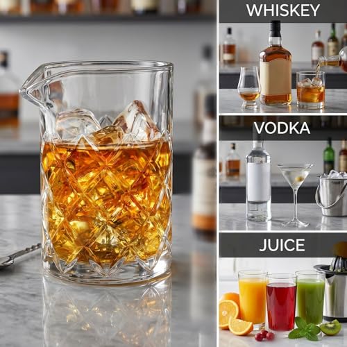 Tebery Seamless Crystal Cocktail Mixing Glass for Stirring Drinks, 16Oz Thick Bottom Bar Mixing Pitcher, Stirring Glass Drink Maker for Bar, Bartenders - size: 15 Ounces