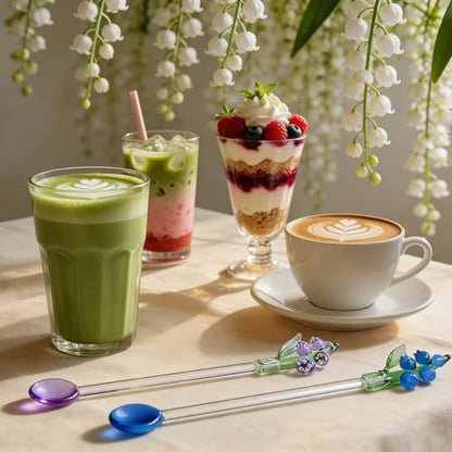 Homestia 2 Pcs Glass Stirring Spoon, Swizzle Sticks with Lily of the Valley - color: 2 PCS + 7.1" + Bells Orchids Flower + Stirring spoon