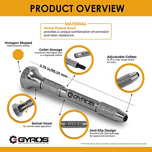 GYROS Swivel Head Pin Vise Hand Drill, 0"(0mm) to 1/8"(3.175mm) w/Anti-Slip Nickel Plated Steel Body & 2 Reversible Collets, Small Hand Drill for Precision Drilling of Jewelry, Plastic, & Wood