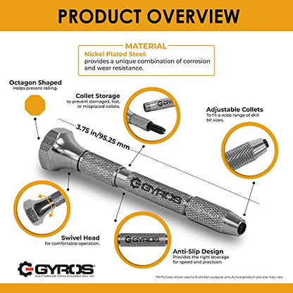 GYROS Swivel Head Pin Vise Hand Drill, 0"(0mm) to 1/8"(3.175mm) w/Anti-Slip Nickel Plated Steel Body & 2 Reversible Collets, Small Hand Drill for Precision Drilling of Jewelry, Plastic, & Wood