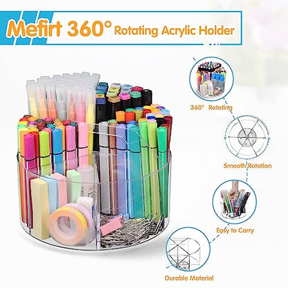 Mefirt Acrylic Pen Holder, 360 Degree Rotating Pen Organizer, Rotating Desk Acrylic Office Organizer with 6 Compartments, Marker Organizer for Kid, Crayon Caddy School Art Supply Storage Organizer - style: Clear-Large