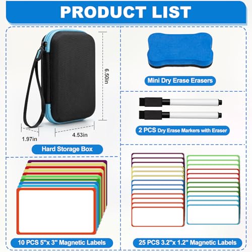 Dry Erase Magnetic Labels with Case, Markers and Dry Erase Eraser, 35pcs Colorful Magnet Name Tags Reusable Magnetic Labels for Whiteboard,Home,Office or Outdoor Education(25pcs 3.2x1.2in,10pcs 5x3in)