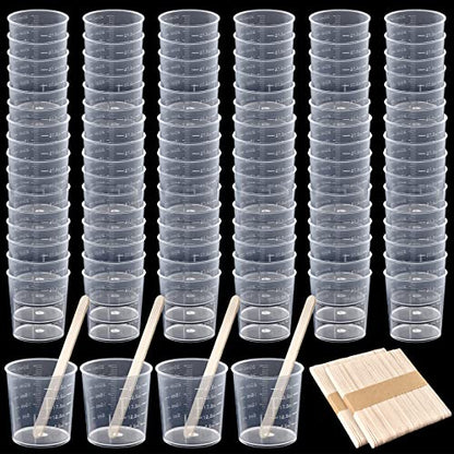 Coopay 100 Pack 30ml/1oz Plastic Graduated Cups Transparent Scale Cups Clear Epoxy Mixing Cylinder with 100 Pack Wooden Stirring Sticks for Resin, Epoxy, Stain, Mixing Paint - size: 30ml
