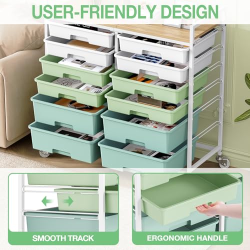 TOOLF 12 Drawers Rolling Storage Cart with Wooden Top for Classroom,Green - color: Green