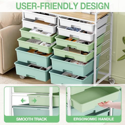 TOOLF 12 Drawers Rolling Storage Cart with Wooden Top for Classroom,Green - color: Green