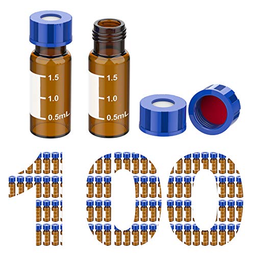 Membrane Solutions 2mL Autosampler Vials, 9-425 GC/HPLC Vials, 100 Pcs - size: Amber Vial & Red PTFE septa