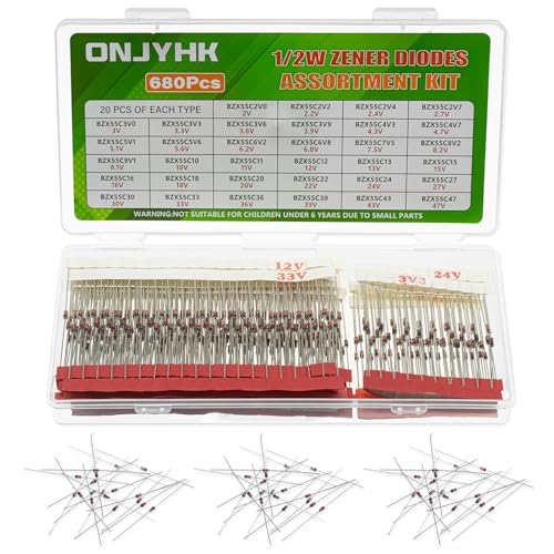 34Values 680PCS 1/2W Zener Diode Kit 2V to 47V 0.5W Diodes Assortment Set