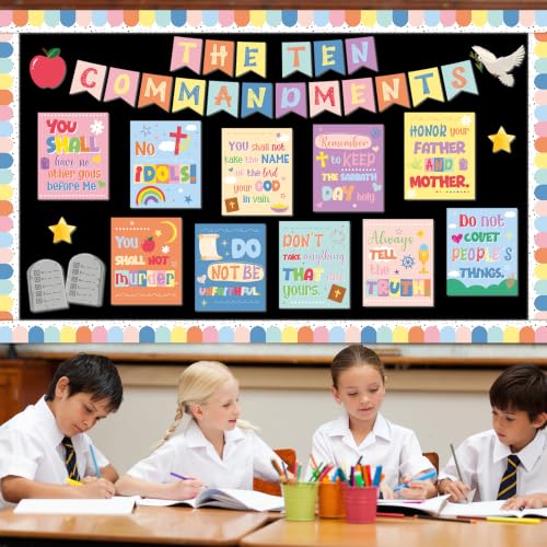 Ten Commandments Bulletin Board Set Christian Bible Verse Classroom Decor Pastel Rainbow Inspirational Religious Scripture Cutouts for Back to School Party Classroom Home Chalkboard Wall Door Decor - style: Pastel Rainbow Ten Commandments