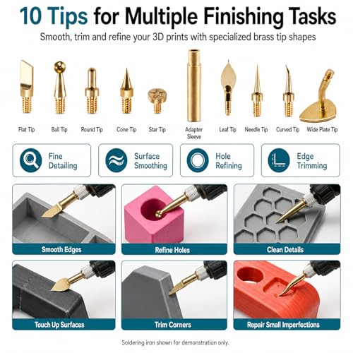 18 Pcs 3D Print Smoothing Tool Kit with Heat Set Insert Tips, Brass Soldering Iron Tips for 3D Printed Parts Finishing, Trimming, Deburring and Threaded Insert Installation