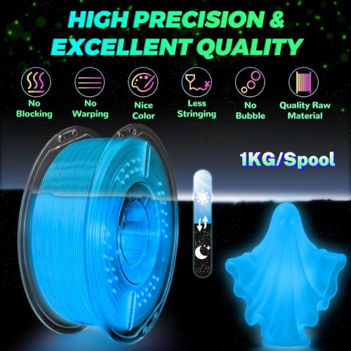 Glow in the Dark PLA+ Filament 1.75mm, Neatly Wound Luminous Bright 3D PLA+ Printing Filament, Powerful Luminescence & Long-Lasting Afterglow, Fit for Most 3D Printer - 1kg Spool (Blue) - color: Blue