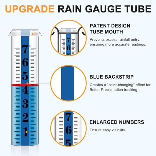 JMBay Rain Gauge Outdoor with Thermometer, Rain Gauges Outdoors Best Rated, Large Font Rain Measure Gauge for Yard, Rain Water Meter with Thickened Plastic Tube and Duralbe Metal Stake for Patio,Lawn - color: Large Rain Gauge with Thermometer