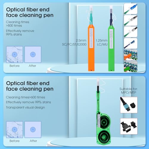 14PC Fiber Optic Cleaning kit, 400x Fiber Optic Microscope, 2.5mm/1.25mm & MPO/MTP Cleaner Pen and Cleaning Box with Replace core