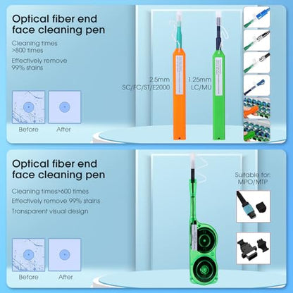 14PC Fiber Optic Cleaning kit, 400x Fiber Optic Microscope, 2.5mm/1.25mm & MPO/MTP Cleaner Pen and Cleaning Box with Replace core