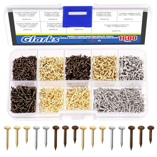 Glarks 1600Pcs Small Tiny Nails Kit Wooden Screw Nail Gold Silver Bronze 1x6mm, 1x8mm 1x10mm Mini Nails for DIY Hardware Accessories Fixed Installation