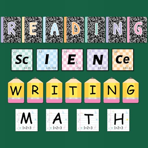 23 Pcs Core Subjects Bulletin Board Decorations Science Reading Math Writing Banner Core Subjects Bulletin Board Composition Subject Label Cutouts for Back to School Teacher Classroom Decoration