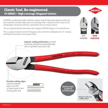 KNIPEX Tools - High Leverage Angled Diagonal Cutters, 12 Degree Angled, Multi-Component (7422200SBA), 8 inches