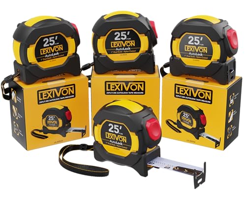 LEXIVON [4-Pack] 25Ft/7.5m AutoLock Tape Measure | 1-Inch Wide Blade with Nylon Coating, Matte Finish White & Yellow Dual Sided Rule Print | Ft/Inch/Fractions/Metric (LX-205X4) - size: 25 ft 4-Pack