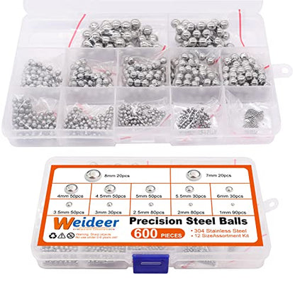 weideer 600pcs 12 Size Stainless Steel Precision Steel Balls 1-8mm Metric Bicycle Bearing Balls Assortment Kit Mixing Balls 1mm 2mm 2.5mm 3mm 3.5mm 4mm 4.5mm 5mm 5.5mm 6mm 7mm 8mm K-085-600 - size: SS 12size 600pcs Metric