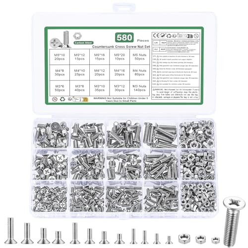 580 Pcs M3 M4 M5 Machine Screws Assortment Kit,Metric Flat Head Screws - size: M3M4M5-580