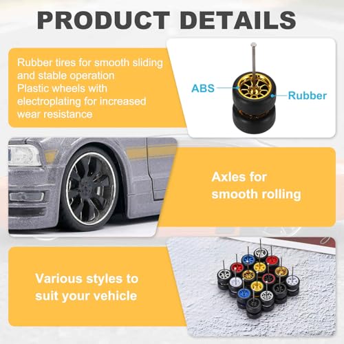 MECCANIXITY 4 Set 1/64 Wheels and Tires Set, Real Riders Rims Includes Axles for RC Diecast Car DIY Model, 10-Spoke Gold Silver Black White Rims 11 x 5.4mm