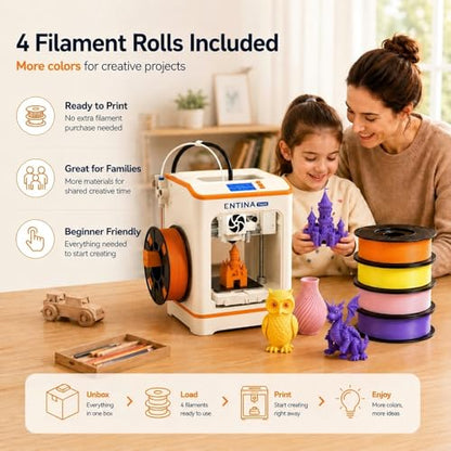 Entina Tina2C Mini 3D Printer Bundle for Kids & Beginners, Fully Assembled, Auto Leveling, Easy Setup, WiFi & App Control, 3000+ Models, 20+ DIY Modules, Includes 4-Color PLA Filament - color: Orange/Yellow/Pink/Purple