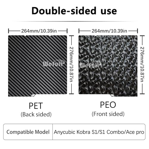 JUUPINE 264x276MM for Kobra S1/Kobra 4/Kobra X Build Plate PEO PET Sheet Double Sided Heated Bed Spring Steel Flexible Platform for Anycubic Kobra S1/Combo/ACE Pro （Carbon Fiber + Diamond Pattern） - size: 264X276mm