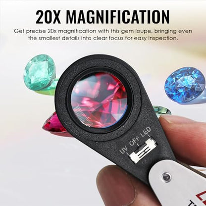20x Foldable Pocket Magnifier Jewelers Loupe with UV and LED Light for Jewelry, Rocks, Coins, and Antiques - Illuminated Magnifying Tool for Eye, Stamps, Watches, Hobbies, and Gems - color: 20x Magnification
