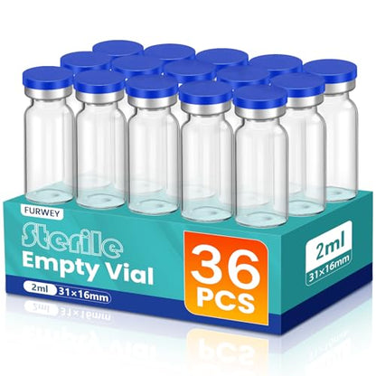 FURWEY 2ML Sterile Vials, Glass Empty Vials for Injection, 36 Pack - size: 2ML-36P